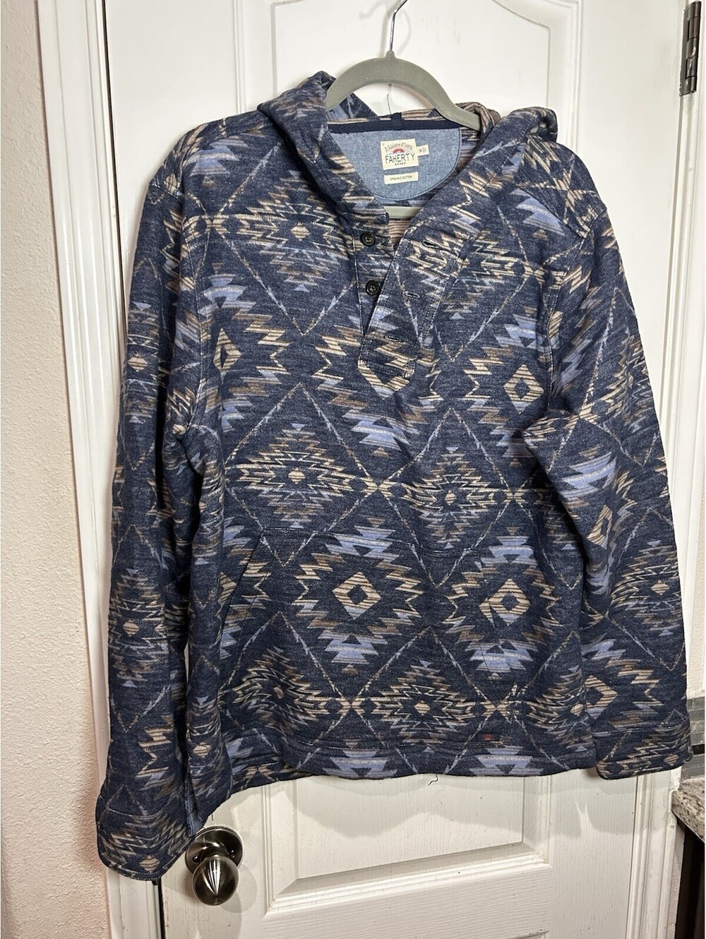 faherty mens Organic Cotton Blanket Hoodie Pullover Evening Ridge Sz M Blue